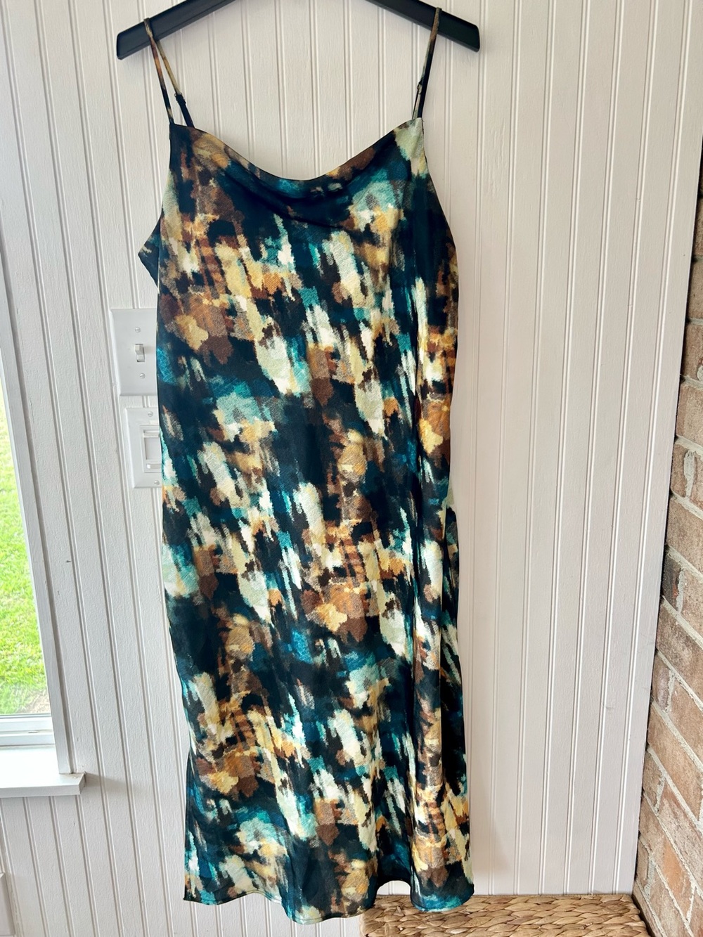 The Limited Abstract Floral Slip Midi Dress in Teal, Brown & Black